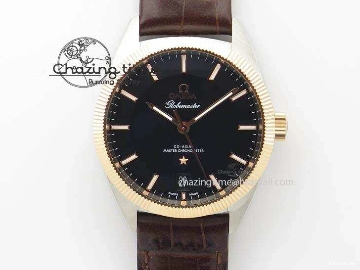 0214 Sporty Globemaster Master Chronometer SS RG V6F Best Edition Black Dial On Brown Leather Strap A 8270